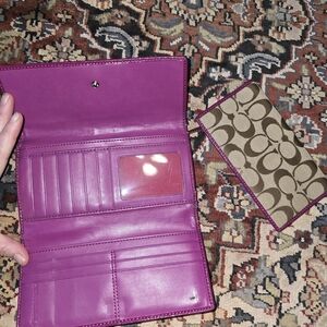 Coach Signature Purple and Tan Wallet & Checkbook Cover Set